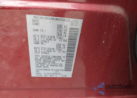 2013 Nissan Pathfinder S/Sv/Sl/Platinum z USA, uszkodzony, nr VIN 5N1AR2MMXDC610698